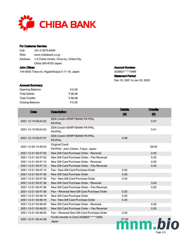 Szablon wyciągu bankowego Japan Chiba w programie Word i PDF